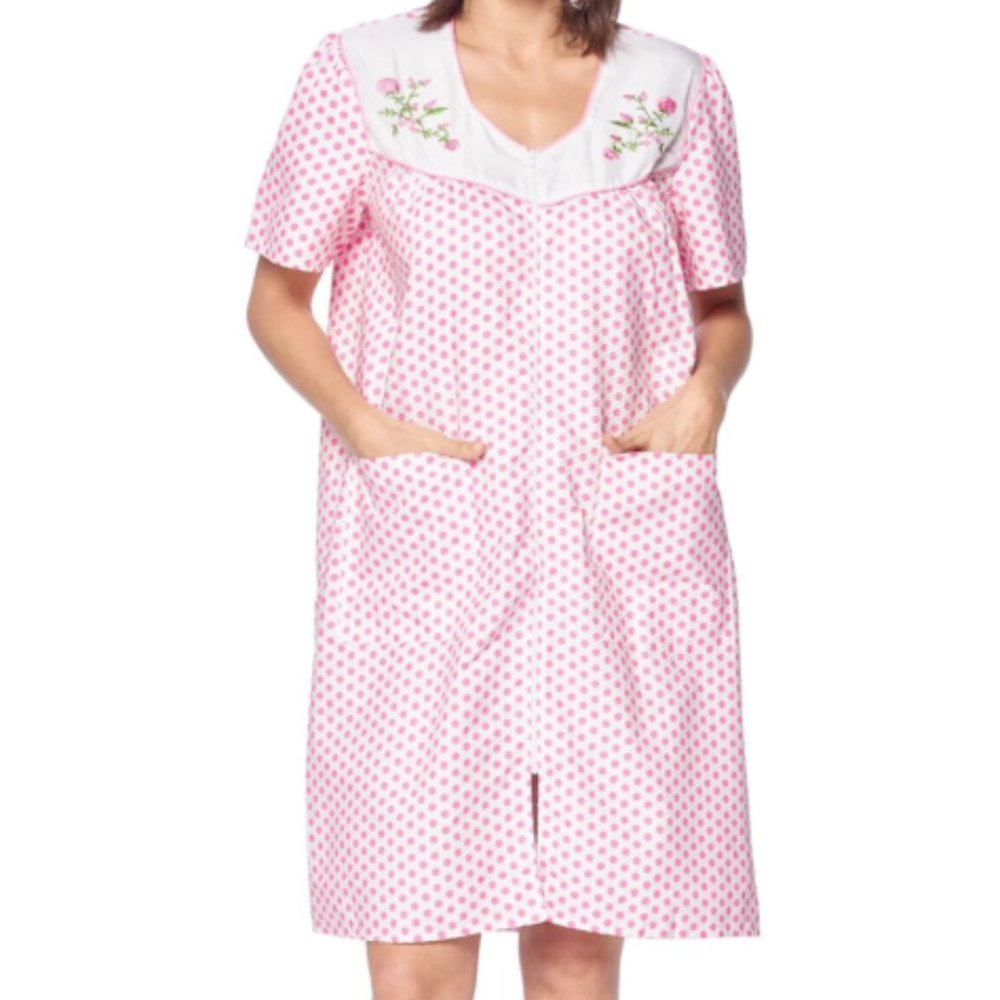 Pink Women's Zipper Front House Dress Short Sleeves Embroidered Housecoat